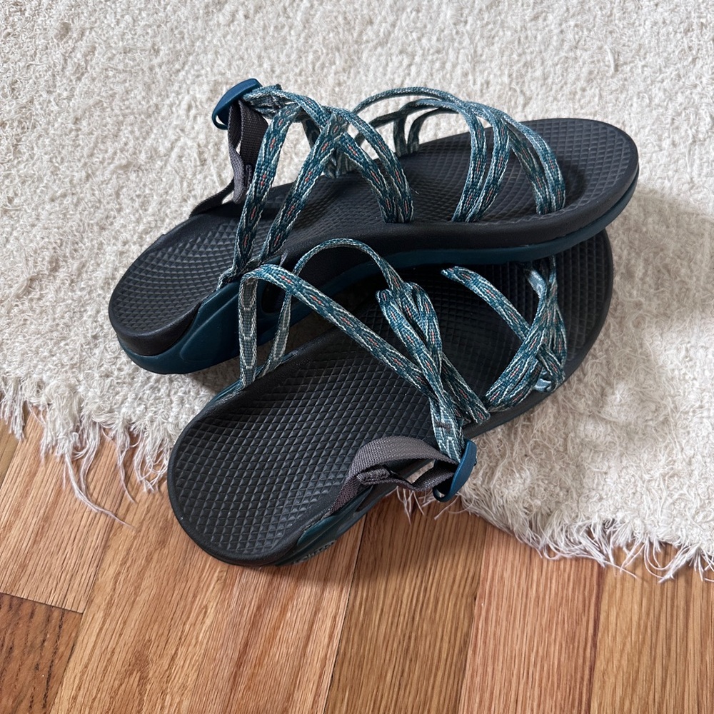 Chaco Teal and Black Slip on Sandals